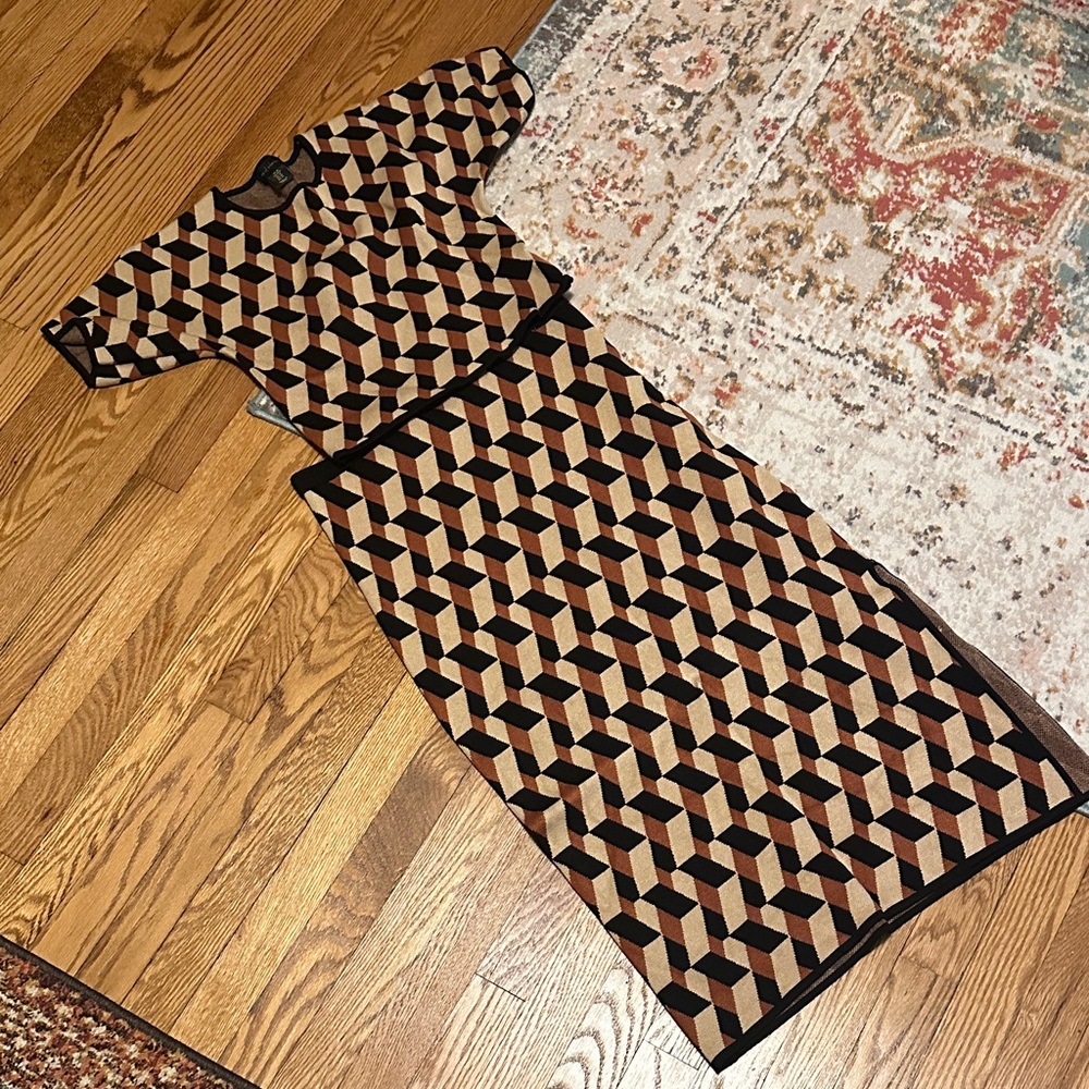 House of Harlow 1960 Black and Tan Geometric Top and matching midi skirt